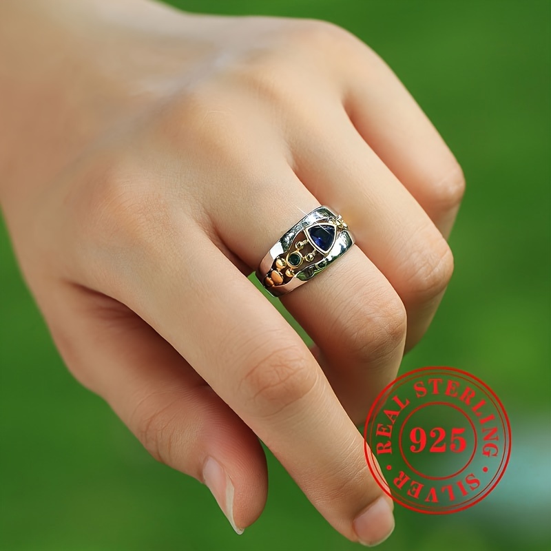 925 Silver Two Ring Triangle Cut Gemstone Vintage Ring